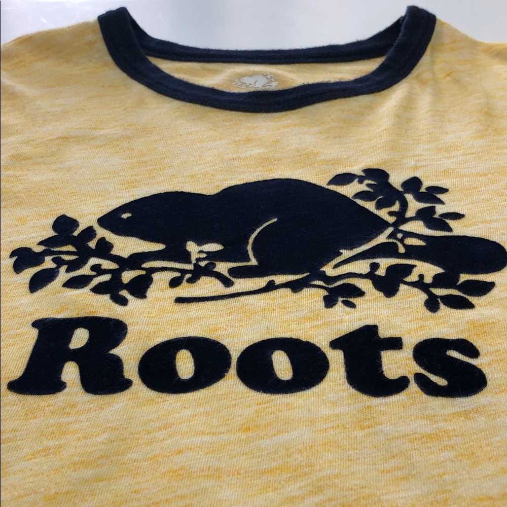 🦫Roots Kids T-Shirt – Medium (7–8 Yrs) – Heathered Yellow with Navy Blue Trim - Picture 6 of 8